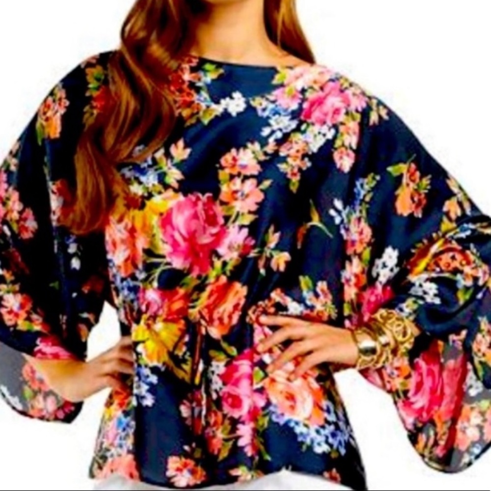Chaps Navy Floral Top 3/4 Sleeves Size L